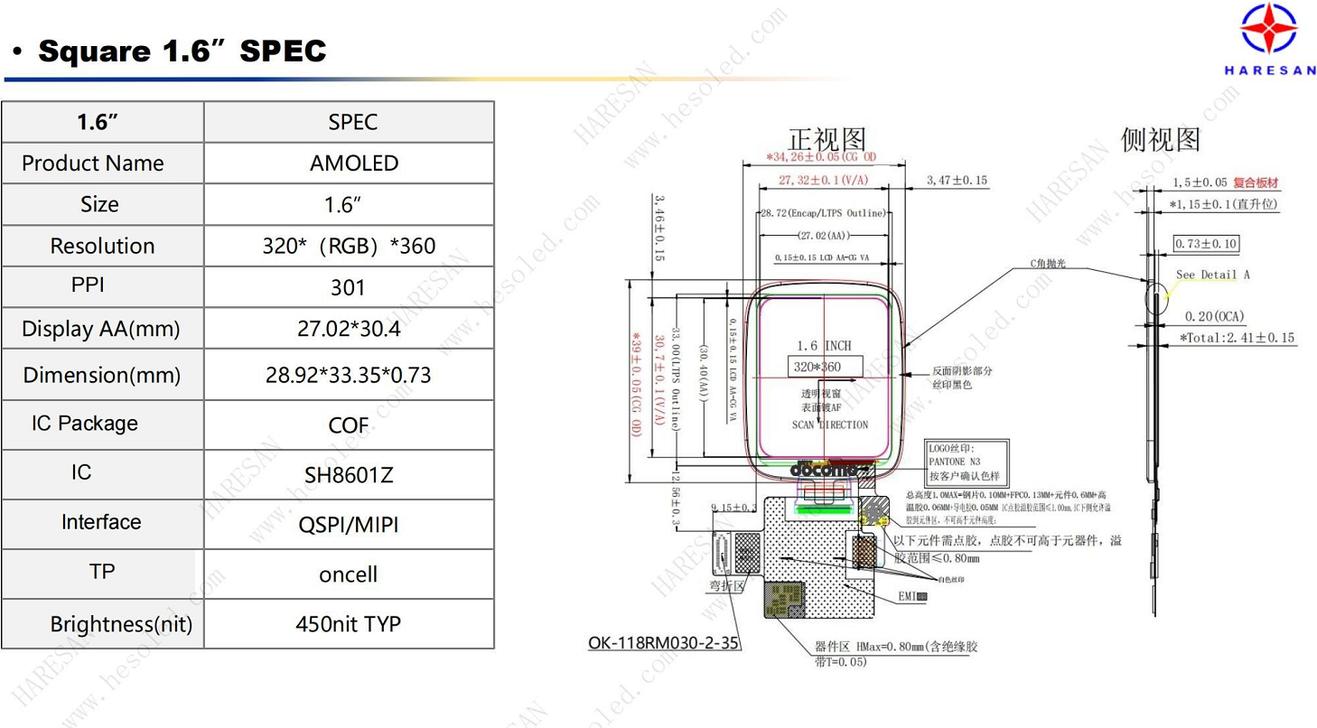 1.6 Inch 320x360 Resolution AMOLED Display MIPISPI Interface Comes With Touch Function Oncell